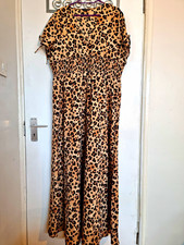boohoo Plus Size 18 Beige/Black Leopard Maxi Dress V-Neck Smocked Tie Sleeve