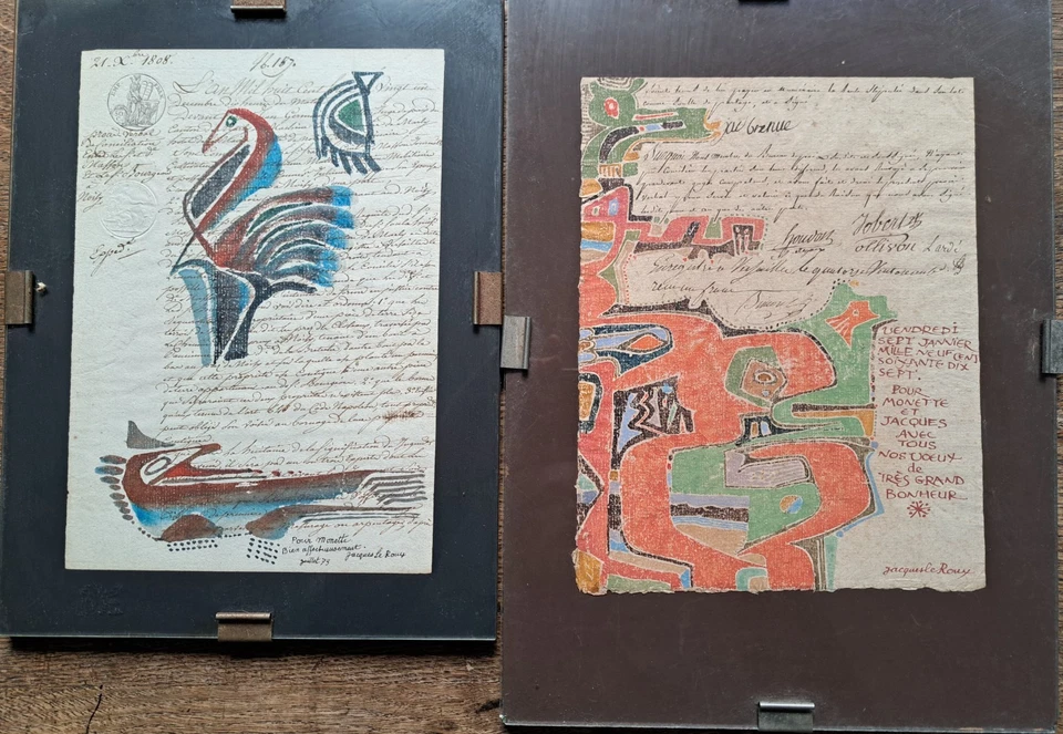 Jacques Le Roux – 2 lettres anciennes enluminées (1808) – œuvres signées 1973/77 - Photo 2/4