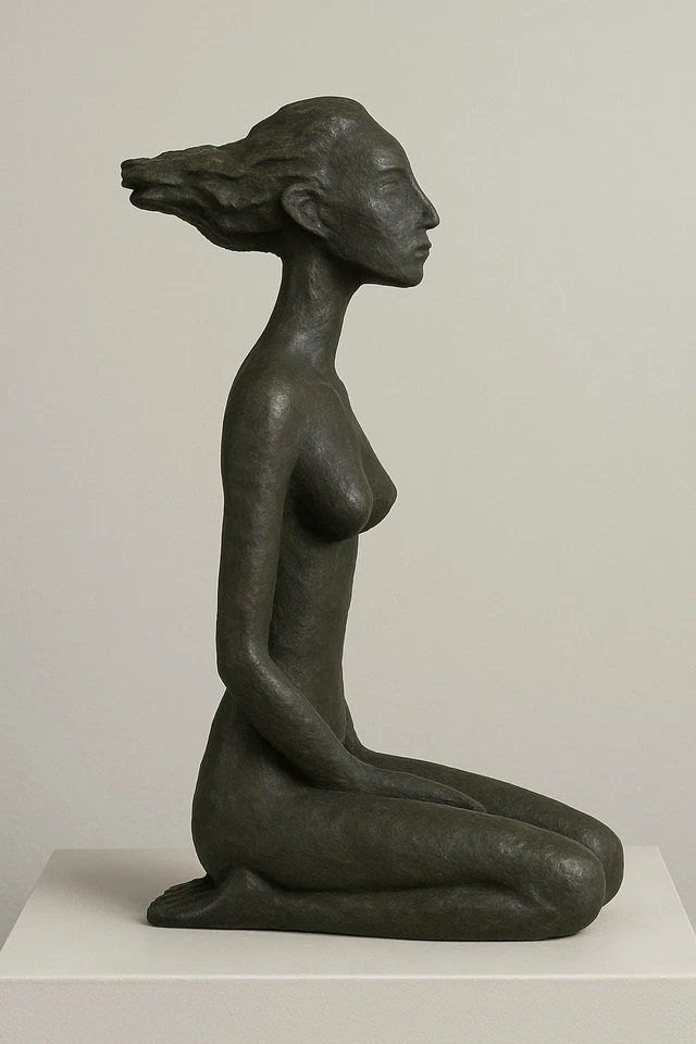 Escultura Modernista Mujer Arrodillada Abstracta Negra Diseño Estudio Apertura Central Foto 2 de 4