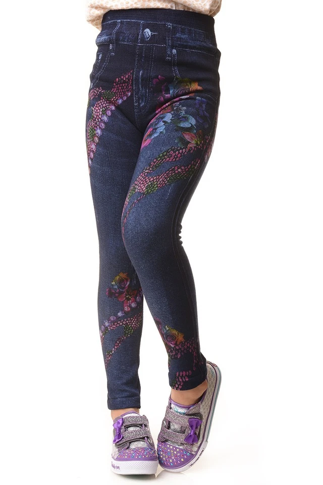 Girls Fleece Lined Leggings Kids Denim Print Stretch Pull-On Jeggings - Image 2 of 4