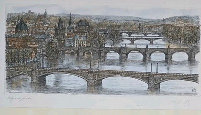 Wall Art VTG Original St Charles Bridge AquaForte Etching Prague Signed Framed