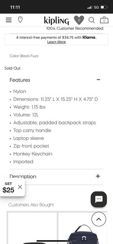 Kipling Sohi Mochila Laptop Bolsa de Viaje Poliéster Negro Pelusa 15” Agotado $139 - Imagen 5 de 11