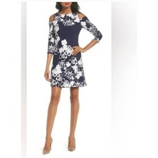 Eliza J Navy Blue and White Floral Cold Shoulder Size 14 NWT