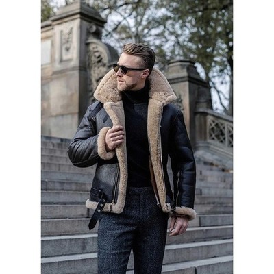Men's B3 RAF Bomber Black Flying Fur Lined Shearling Real Leather Jacket Coat