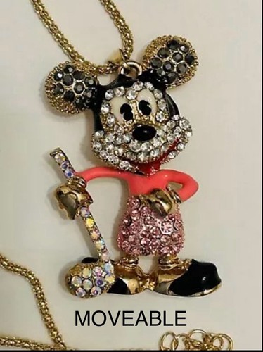 Betsey Johnson Pink Rhinestone Golf Moveable Mickey Mouse Pendant Necklace NWT - Picture 1 of 11