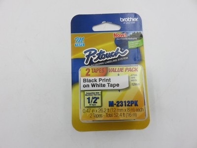 New Brother P-Touch M-2312PK Label Tape 1/2 In 12mm Black White M Tape