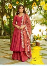 Indian Designer Simmar Silk Maroon Gown Palazzo With Dupatta For Reception Wear
