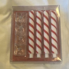 Vintage 5” Red Stripe Taper Candles W/ Square Glass Candle Holders New Christmas