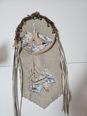 Vintage Sue Dale Weaver 1991 Signed Native American Painted Suede Leather *flaw