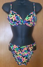 Vtg 90 Neon Floral Bikini Set Underwire High Cut Two Piece Swimsuit Med Handmade