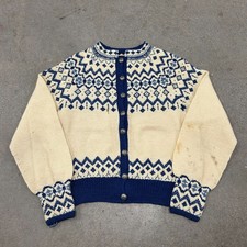 Vintage Hand Knitted Cardigan Sweater Womens Cream Blue Nordic Folk Print