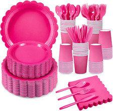 350 Pcs Hot Pink Paper Plates and Napkins, 50 Guest Hot Pink Party Supplies Incl