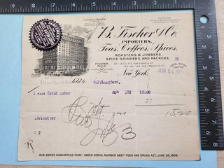 original New York antique 1911 Hotel Astor coffee teas spice document paper bill