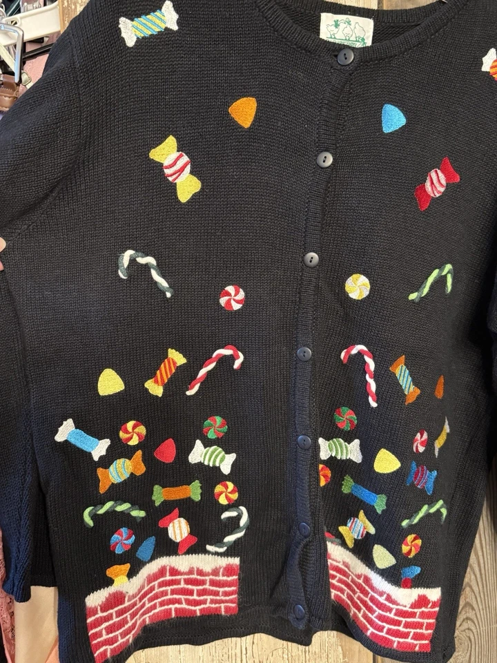 Quacker Factory Womens Embroidered Christmas Cardigan Sweater Vtg 2X Candy NWT - Image 4 of 4