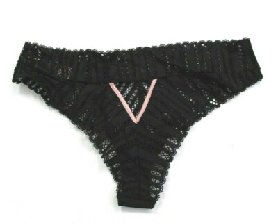 Victoria's Secret Geometric Lace Sheer Cutout Tanga Cheeky Panty Size M Black