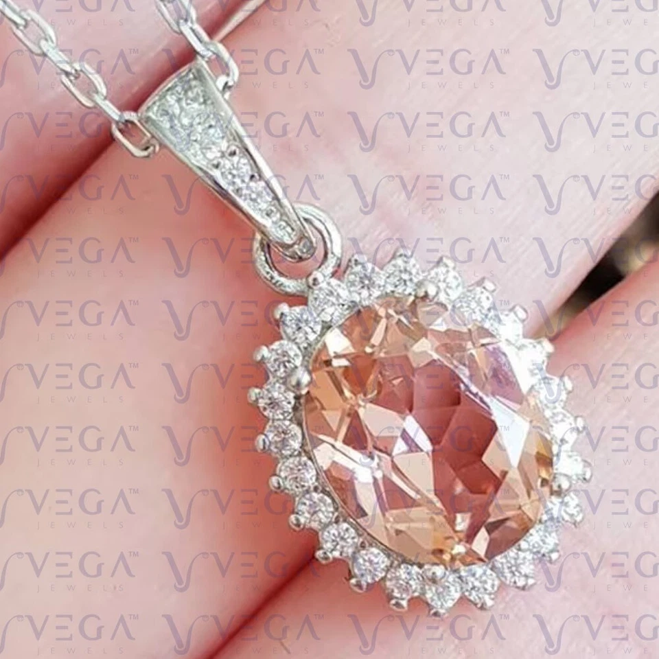 Colgante ovalado de morganita natural y diamantes de 5,90 quilates enchapado en oro blanco de 18 k sin cadena Foto 2 de 4