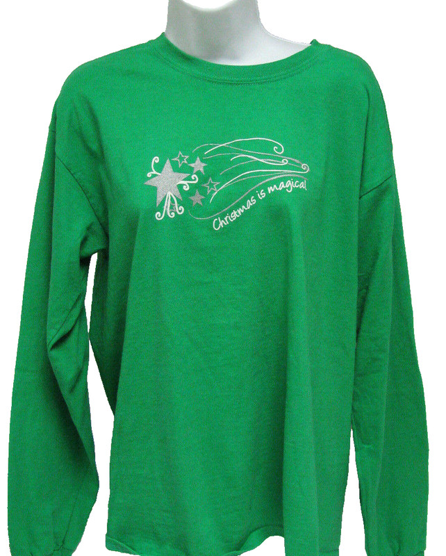Womens Guildan long sleeve green “Christmas is magical” Christmas T-shirt Large
