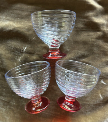 Home Essentials ~ Set of 3 Dessert Bowls ~ Clear Swirl Bowl & Red Foot ~ Mint