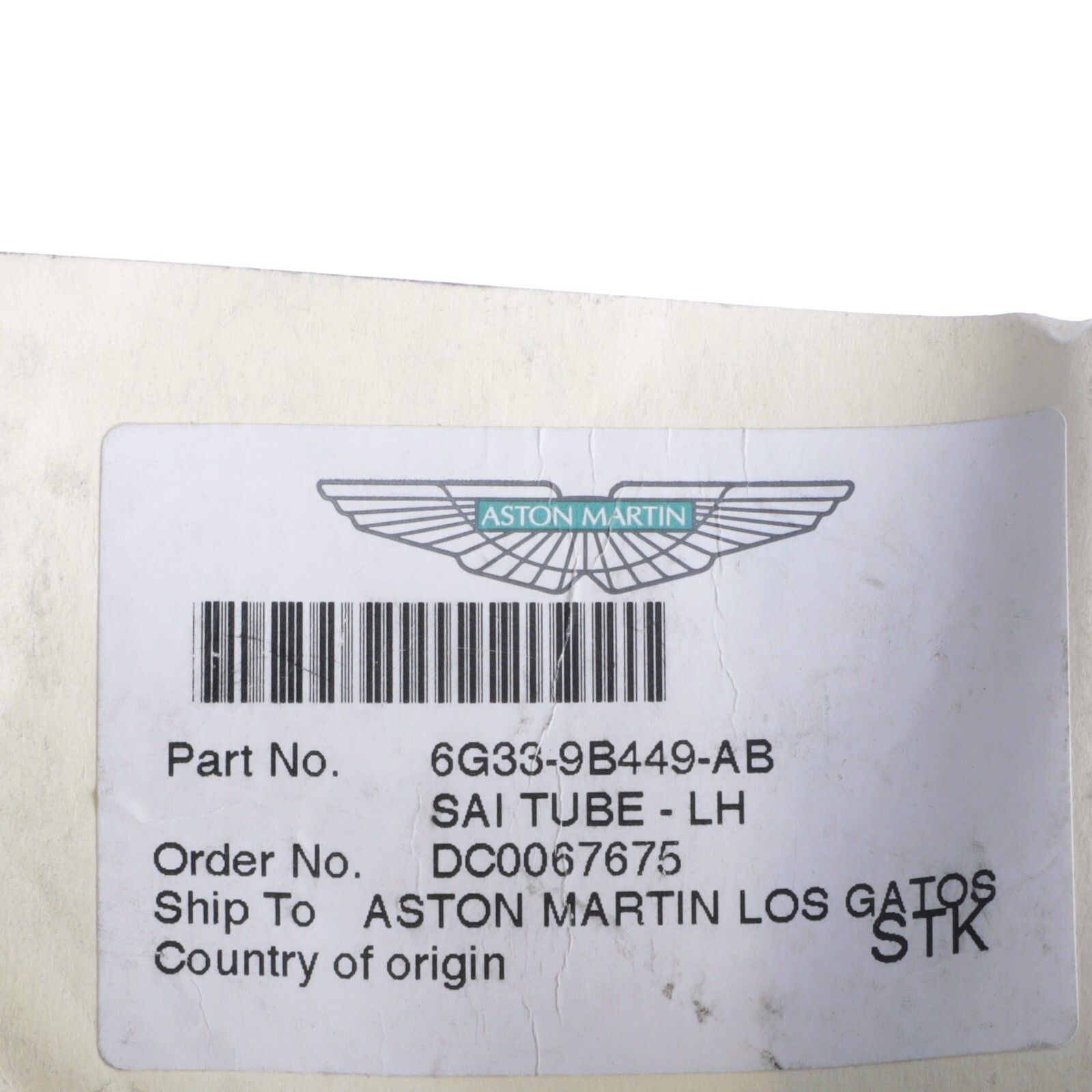 GENUINE ASTON MARTIN SAI TUBE LEFT OEM NEW 6G33-9B449-AB