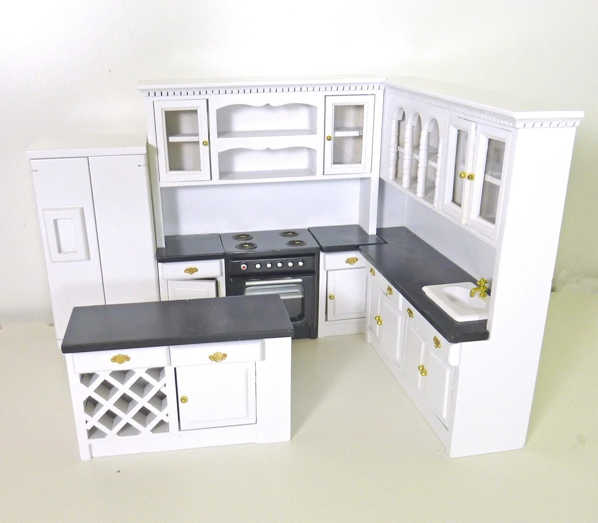Dollhouse Miniature Modern Black White Kitchen Set w Island