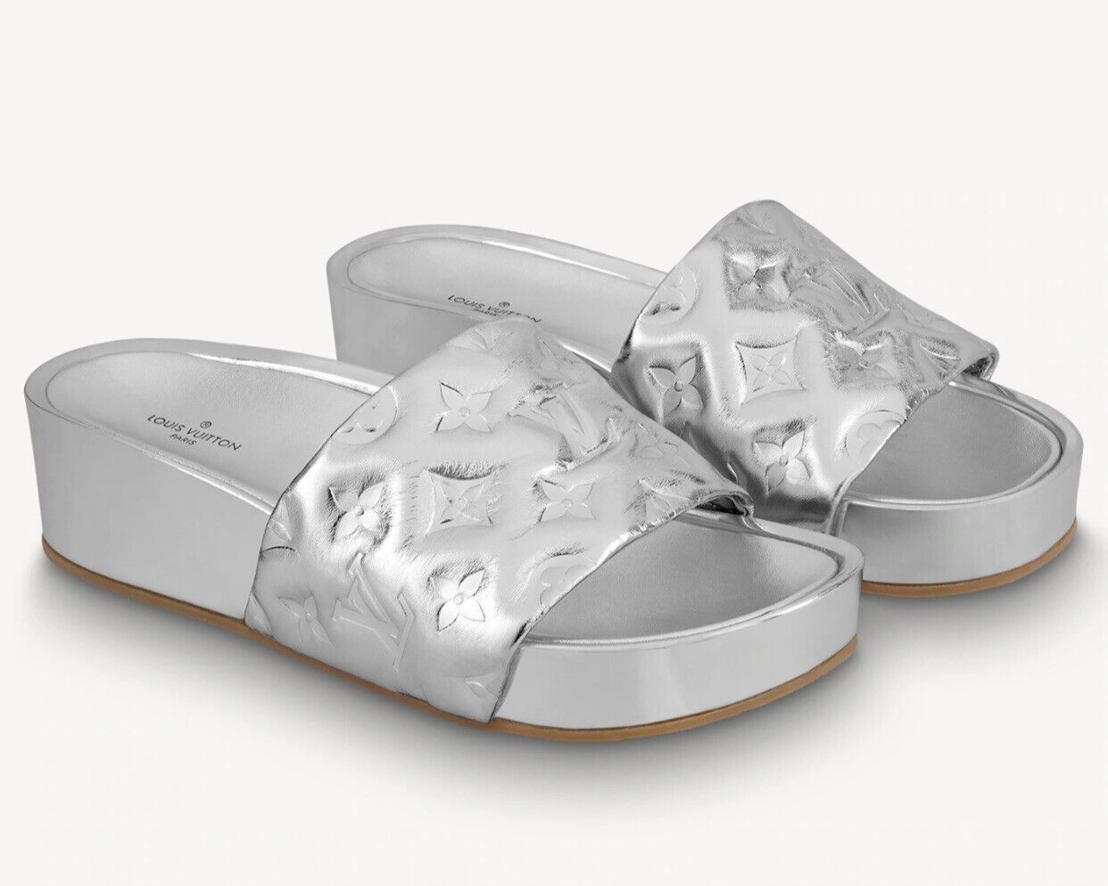 Louis Vuitton White & Silver Monogram Slides