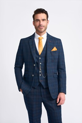 Herren Cavani Phantom Blau Kariert 3 Teiler Tailored Fit Hochzeit Mode Anzug