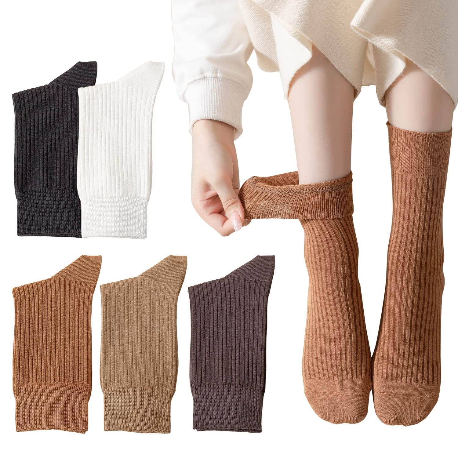 Cotton Crew Socks Women's Striped Textured Ribbed Knit Boot Socks 5 Pairs Siz...-image