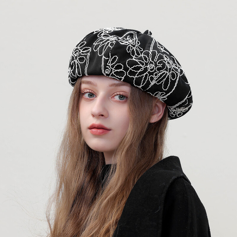 Women Beret Beanie French Hat Cap Floral Embroidery Retro 