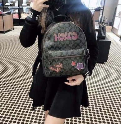 Coach Medium Charlie Leather Backpack in Signature Canvas with Graffiti F31499