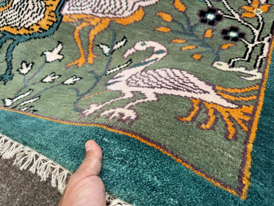 9 x 12 зеленый ковер ручной работы восточный ушак ручной работы новый мягкий птица животное бирюзовый синий - Изображение 4 из 4