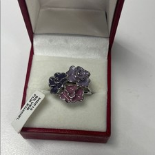 Floral Silver Ring with Purple and Pink Sz 6.5