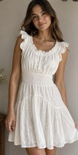 Smocked Waist Ruffle Midi Dress in White