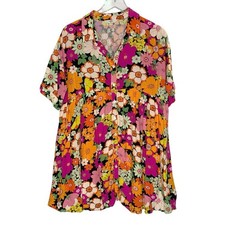 Umgee USA Sunset Flower Field Babydoll Dress L Floral Collared Short Sleeve 
