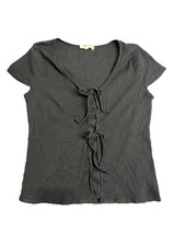 Madewell Top Women XXS V-Neck Shirt Tie Front Black Ribbed Cotton
