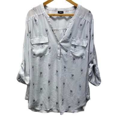 Torrid Harper Cat Print Womens 3X Blouse Georgette 3/4 Roll Tab Sleeve Top Flowy