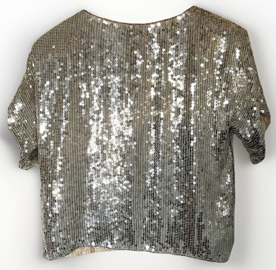 Vintage NWT JLB 80s 90s Silver Sequin Silk Beaded Disco Flapper Blouse Top - L - Image 2 of 4