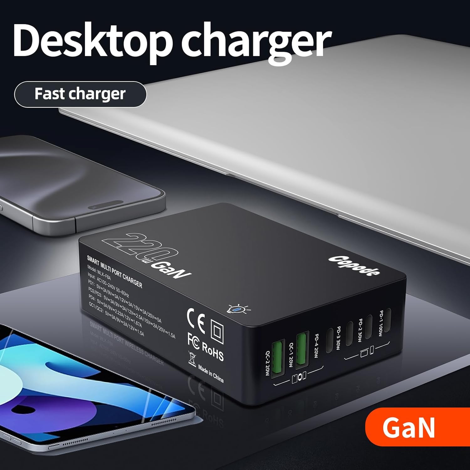 220W USB C Charger Block, 6-Port Gan USB C Charging Station PD 100W PC Laptop Fa