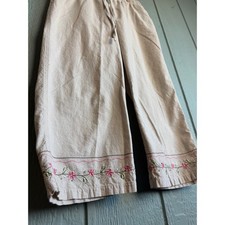 Vintage 90s Embroidered Cotton Pants M Beige Crop Pants with Floral Hem