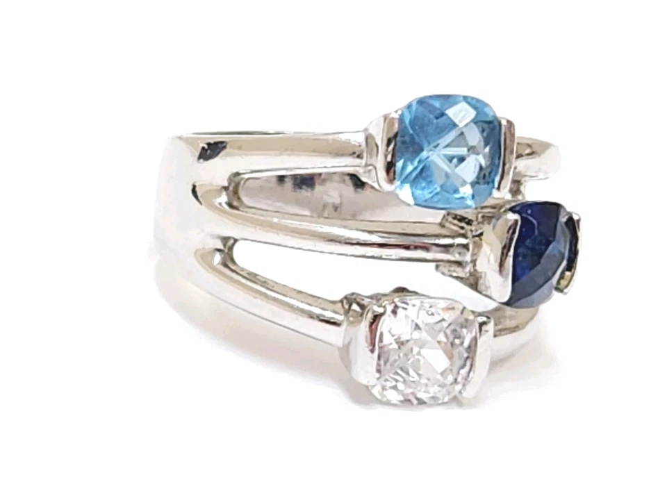 Silver Lia Sophia Signed Diamond Sapphire Aquamarine Cushion Cocktail Ring S8.75 - Image 3 of 4