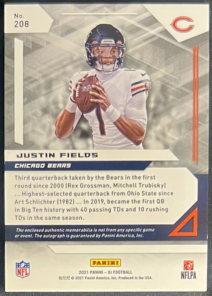 2021 PANINI XR TRIPLE 3-COLOR JERSEY SWATCH BLUE JUSTIN FIELDS ROOKIE AUTO /20 - Image 2 of 2