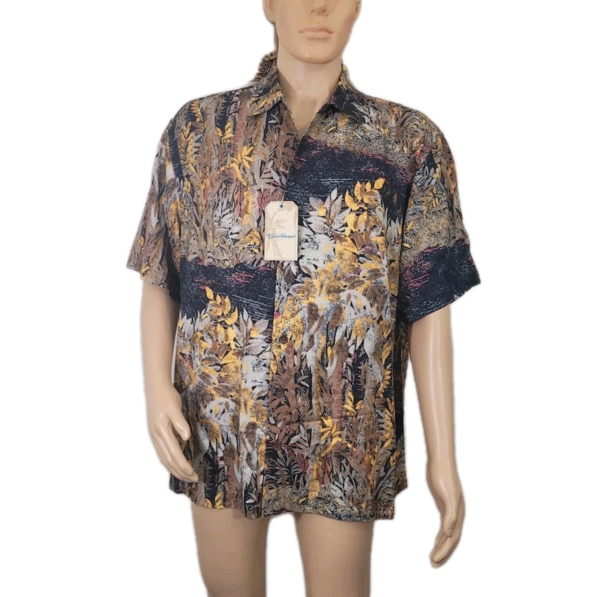 Caribbean Mens Shirt Size XL Short Sleeve Button Up Hawaiian Floral Brown 34