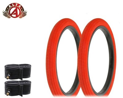 PAIR OF BICYCLE ALTA BMX TIRES W/ TUBES IN 18 X 1.95 FANTASY TREAD All Red