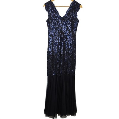 Tadashi Shoji Navy Blue & Black Sequin Lace Mermaid Gown Dress Womens Size  4 | eBay
