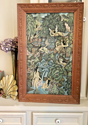 Vintage 1960s Balinese Painting  Eka Thai Bali    Batuan School Jungle Scene