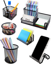 6 Piece Mesh Desk Organizer Set Office Supplies Pen Holder Phone Stand Black Kit