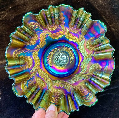 FENTON “10-MUMS” GREEN 3-IN-1 CARNIVAL GLASS BOWL – COLOR!!!!! - Picture 2 of 12