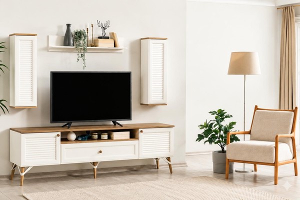 Modernes Set Aus Tv-Lowboard Und 2 Wandregalen Im Skandinavischen Stil-image