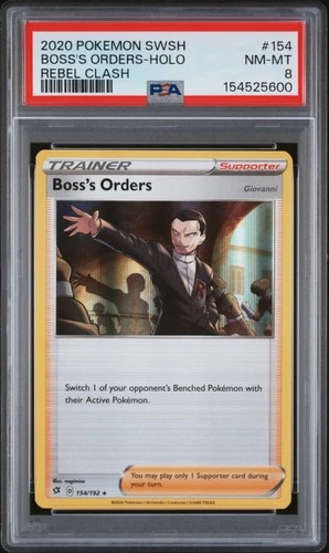 2020 POKEMON SWORD & SHIELD REBEL CLASH #154 BOSS'S ORDERS-HOLO PSA 8