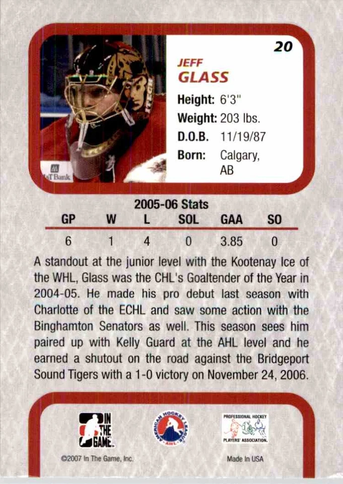 2006-07 In The Game Between The Pipes Jeff Glass #20 - Image 2 of 2