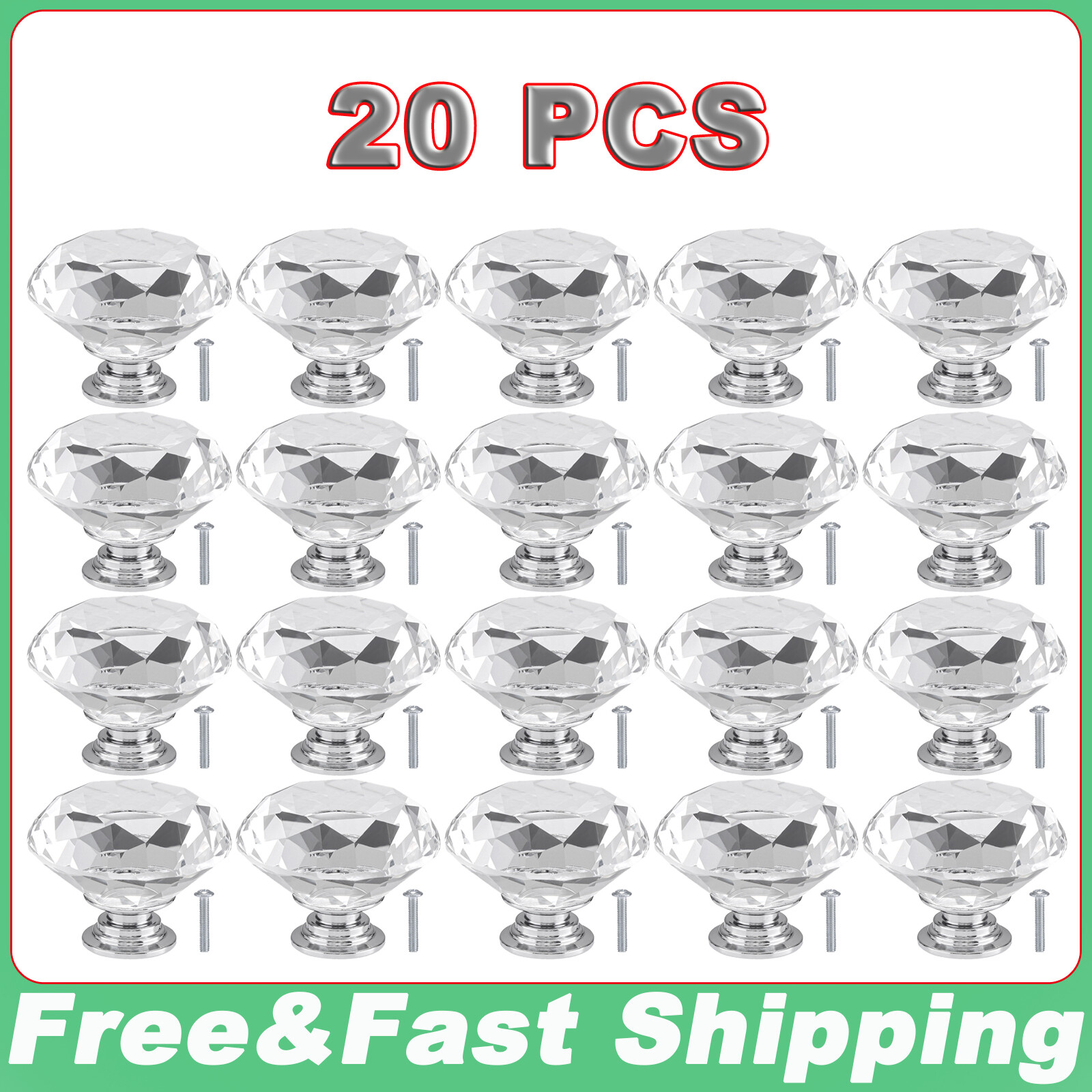 20X Crystal Glass Knobs Drawer Pulls Kitchen Bathroom Cabinet Dresser Pulls 40mm